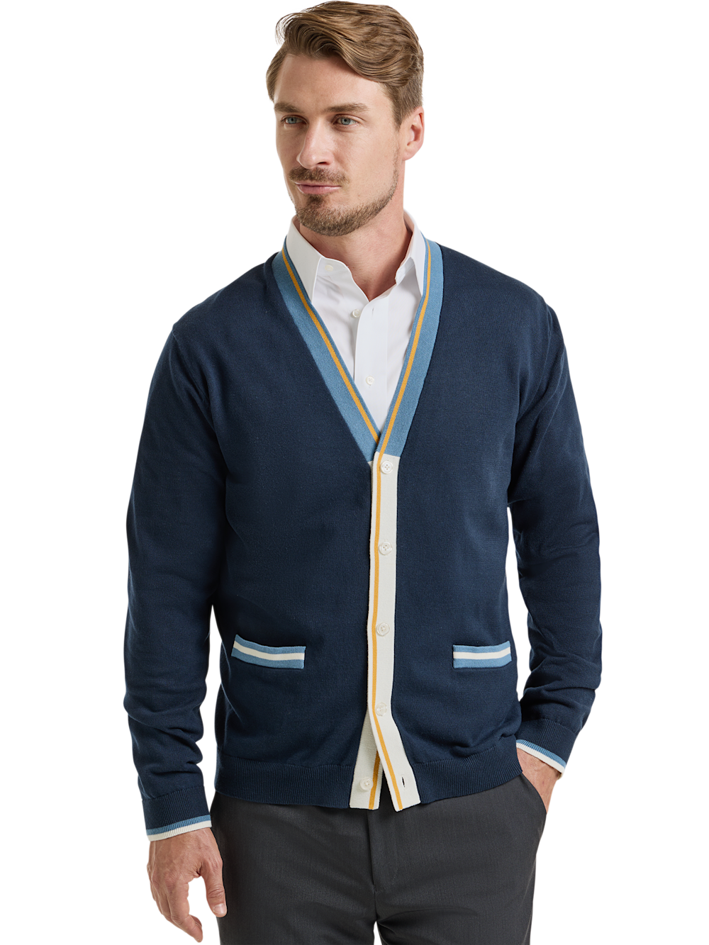 Alternate Shot of Men's Navy/Gold Solid Knitwear  - 1