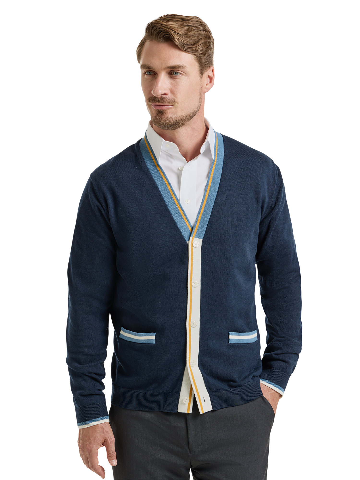 Cotton Button Front Cardigan Sweater - Navy/gold