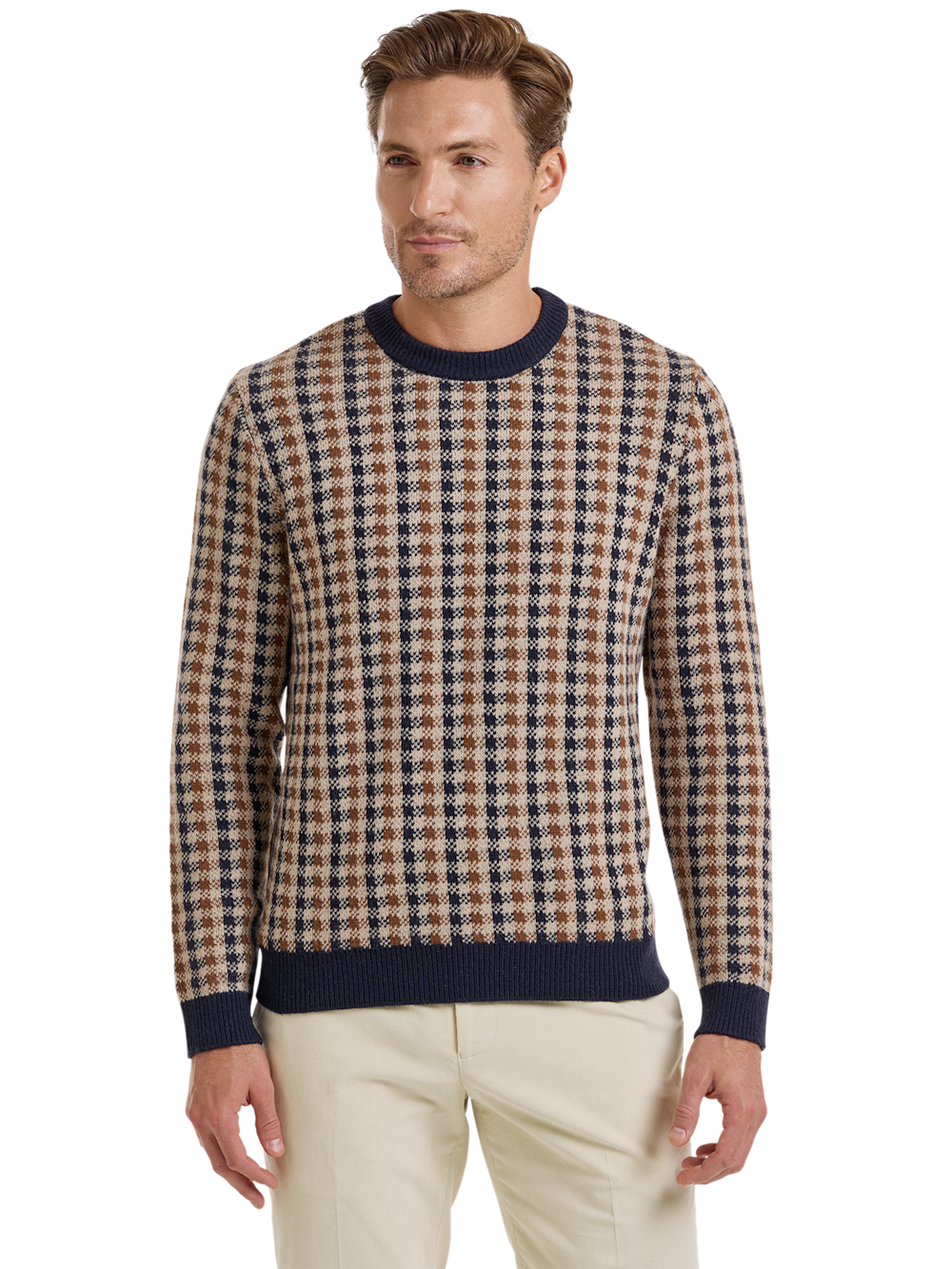 Alternate Shot of Men's Navy/Brown Check Knitwear 