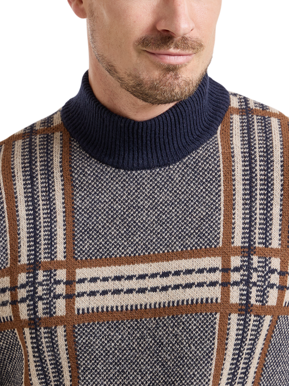 Alternate Shot of Men's Navy/Brown Plaid Knitwear  - 2