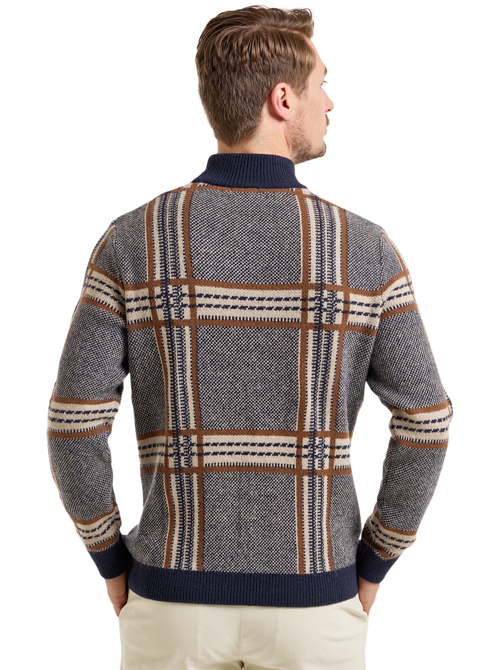 Alternate Shot of Men's Navy/Brown Plaid Knitwear  - 3