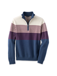 Cotton Houndstooth Quarter Zip Mockneck Sweater - Navy/burgundy