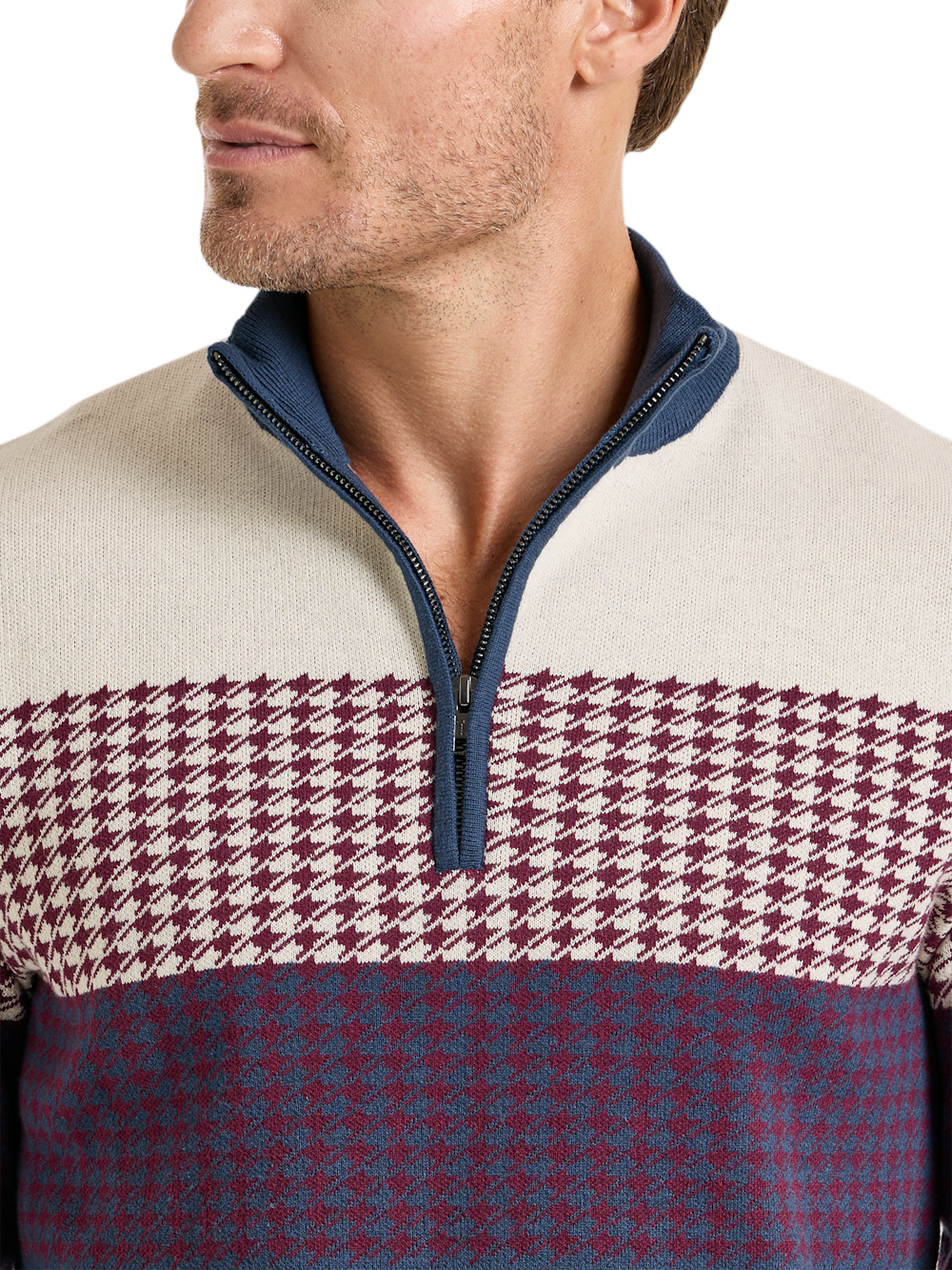 Alternate Shot of Men's Navy/Burgundy Houndstooth Knitwear  - 2
