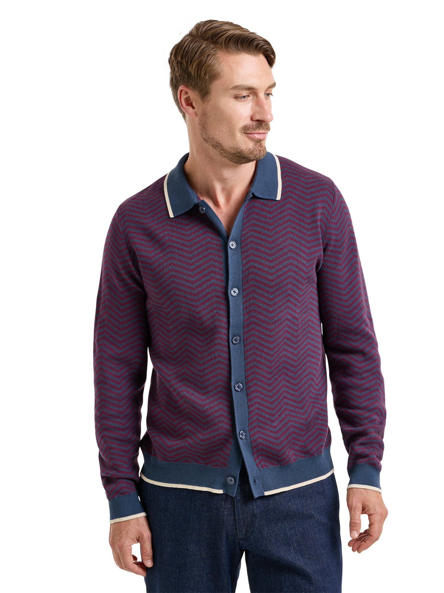 Cotton Button Front Polo - Navy/burgundy