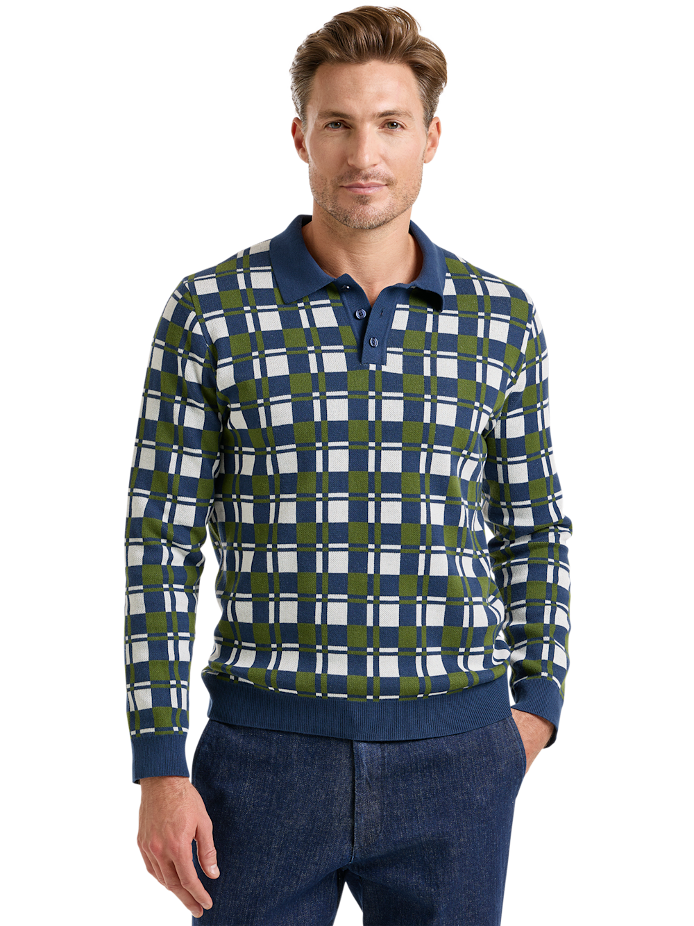 Alternate Shot of Men's Navy/Green Check Knitwear  - 1
