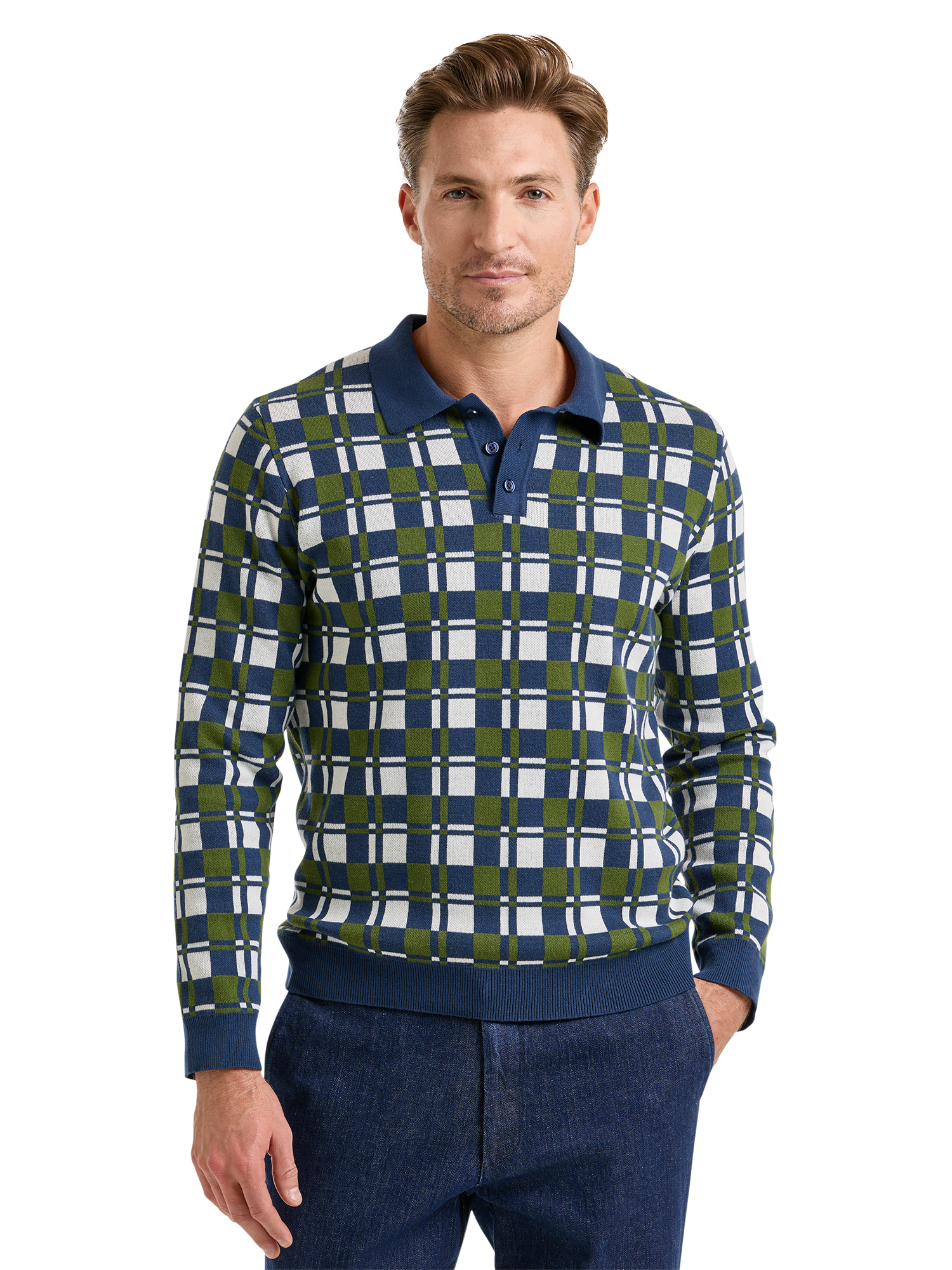 Cotton Three Button Polo - Navy/green