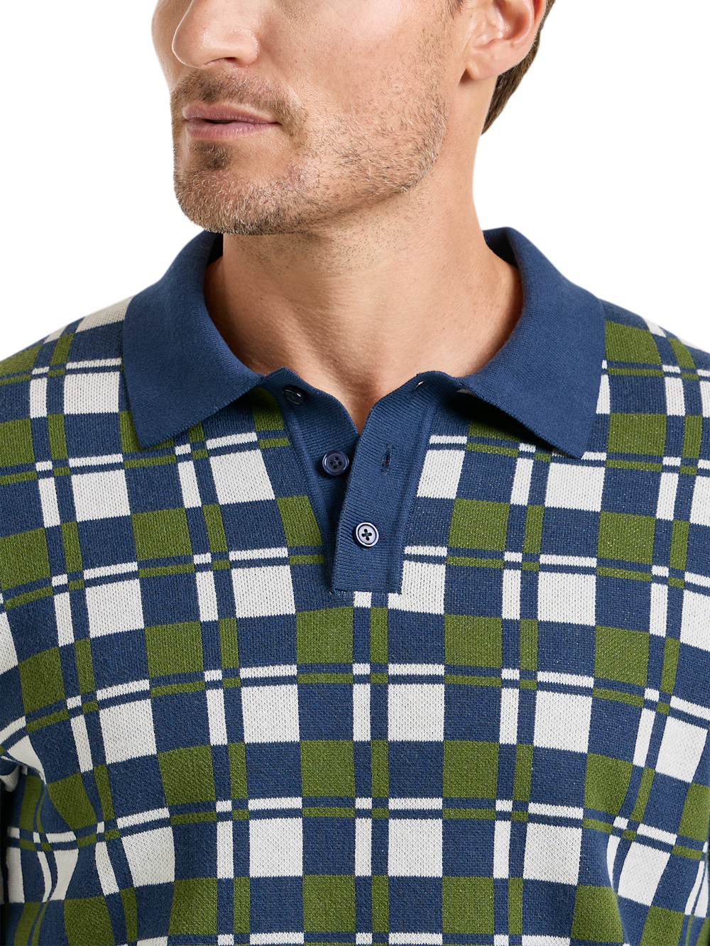 Alternate Shot of Men's Navy/Green Check Knitwear  - 2