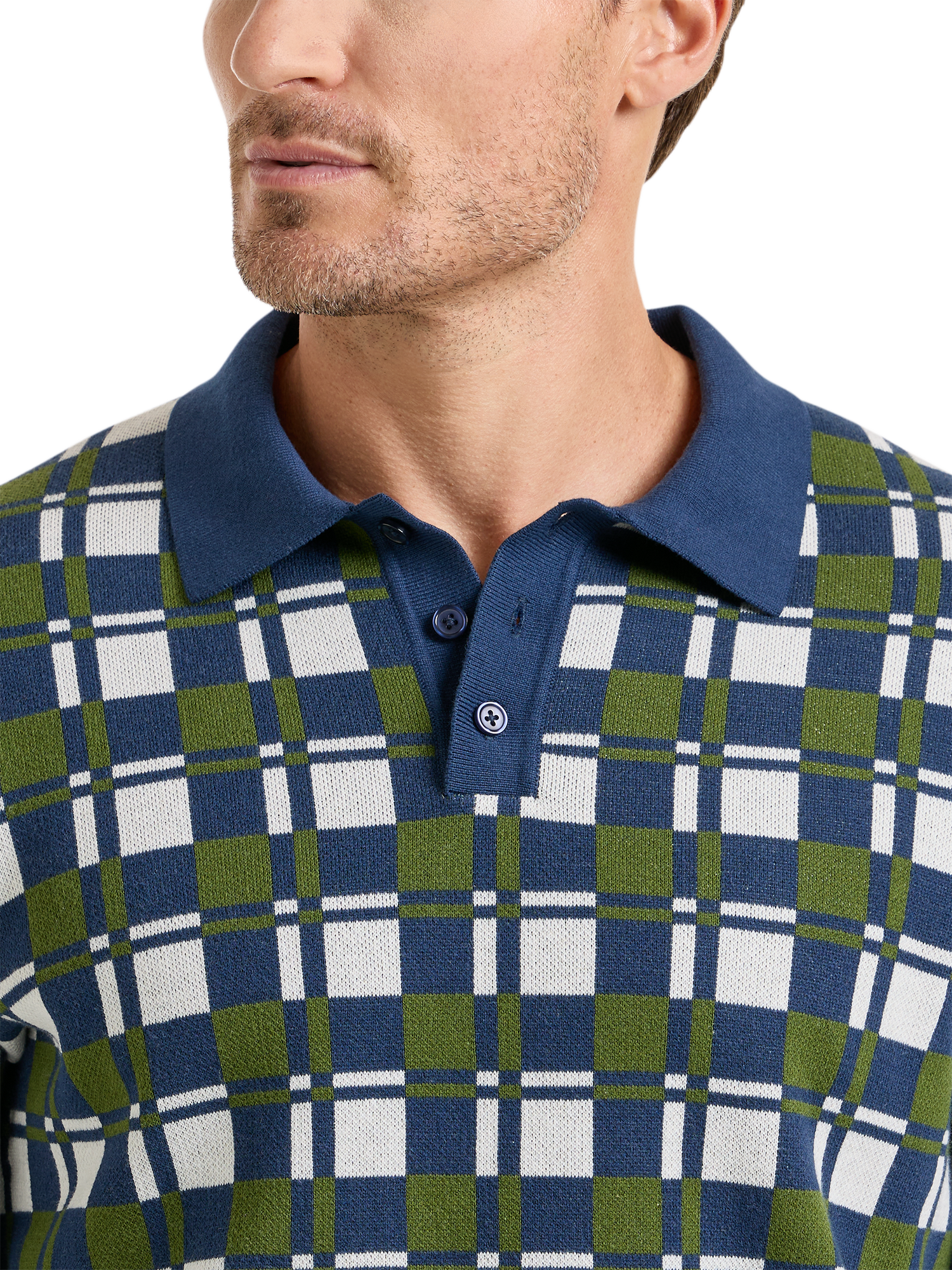 Cotton Three Button Polo - Navy/green