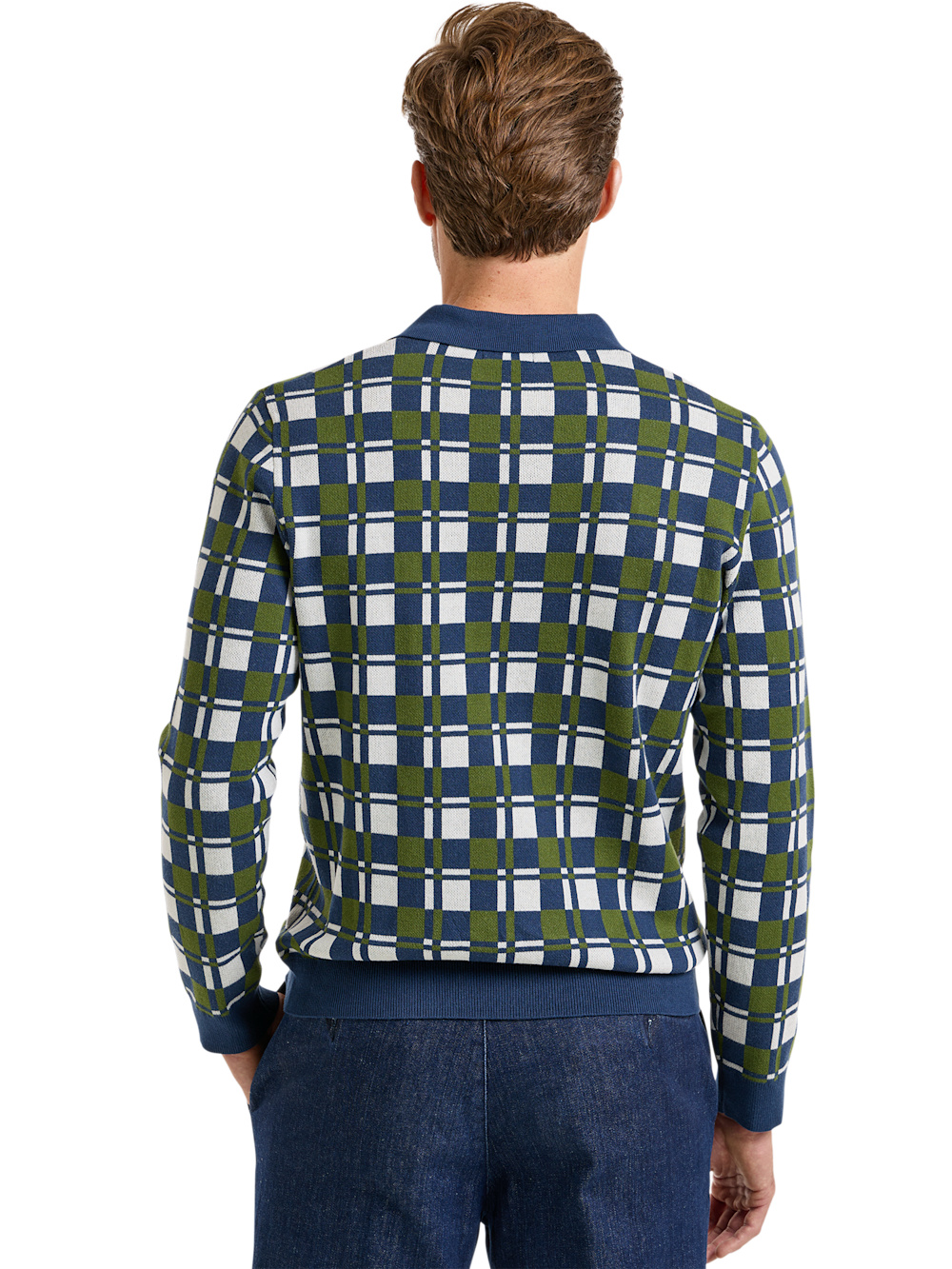 Alternate Shot of Men's Navy/Green Check Knitwear  - 3