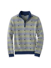Cotton Geometric Quarter Zip Mockneck Sweater - Navy/green