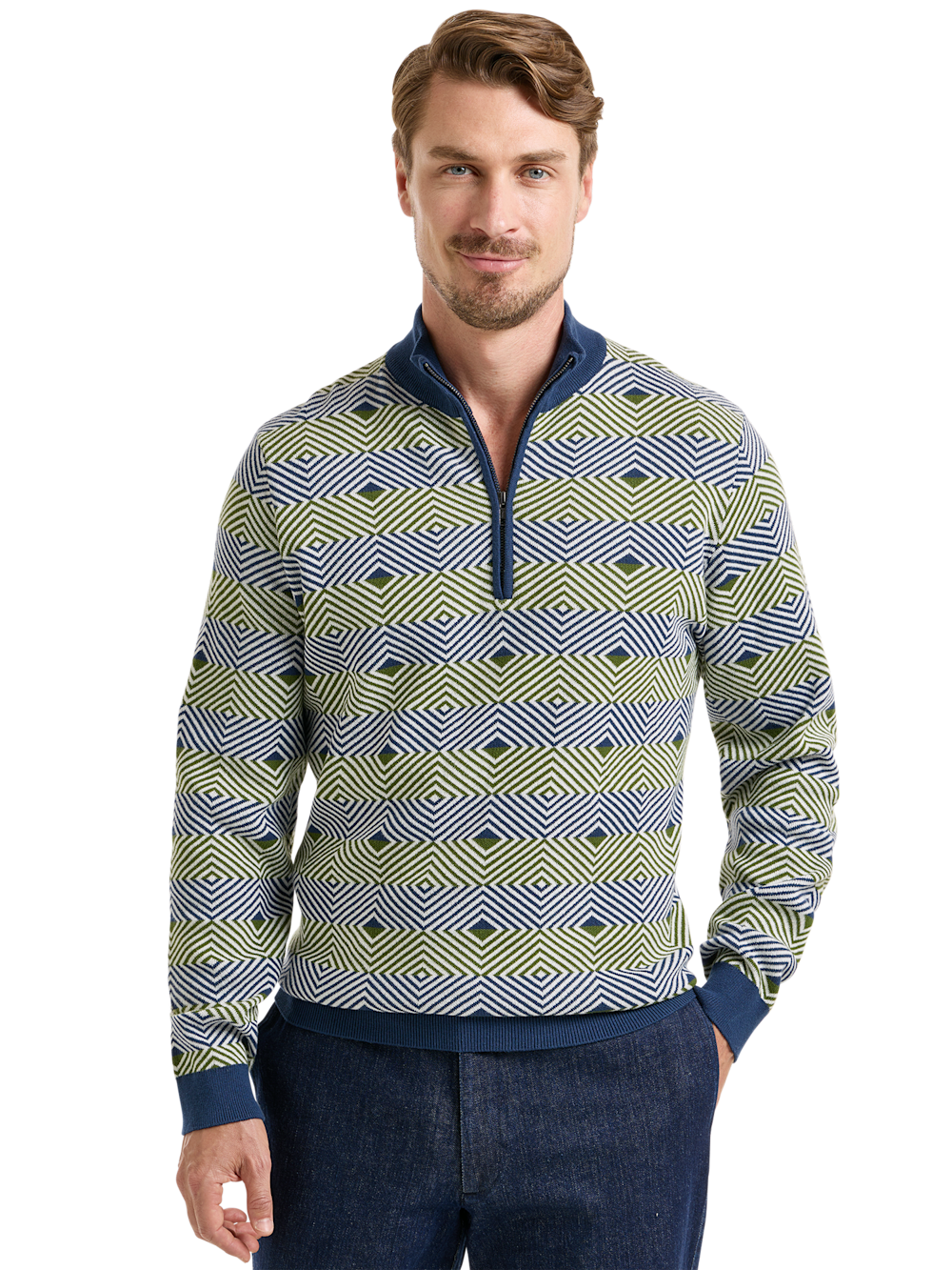 Alternate Shot of Men's Navy/Green Geometric Knitwear  - 1