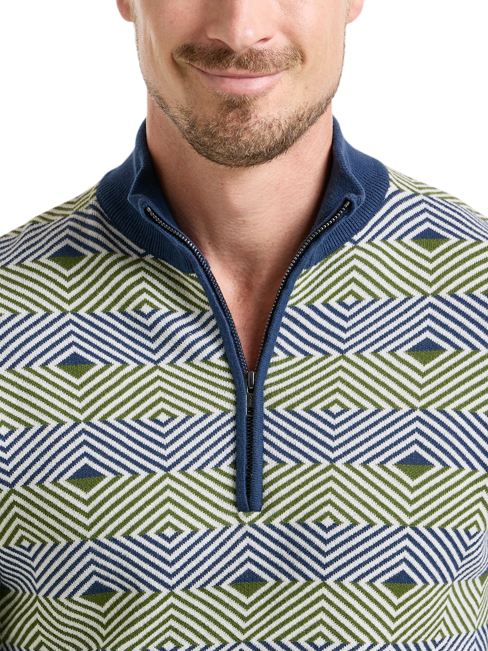 Alternate Shot of Men's Navy/Green Geometric Knitwear  - 2