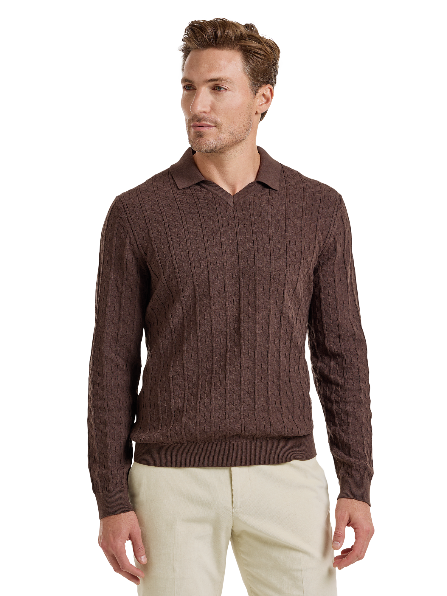 Cotton Johnny Collar Sweater - Brown