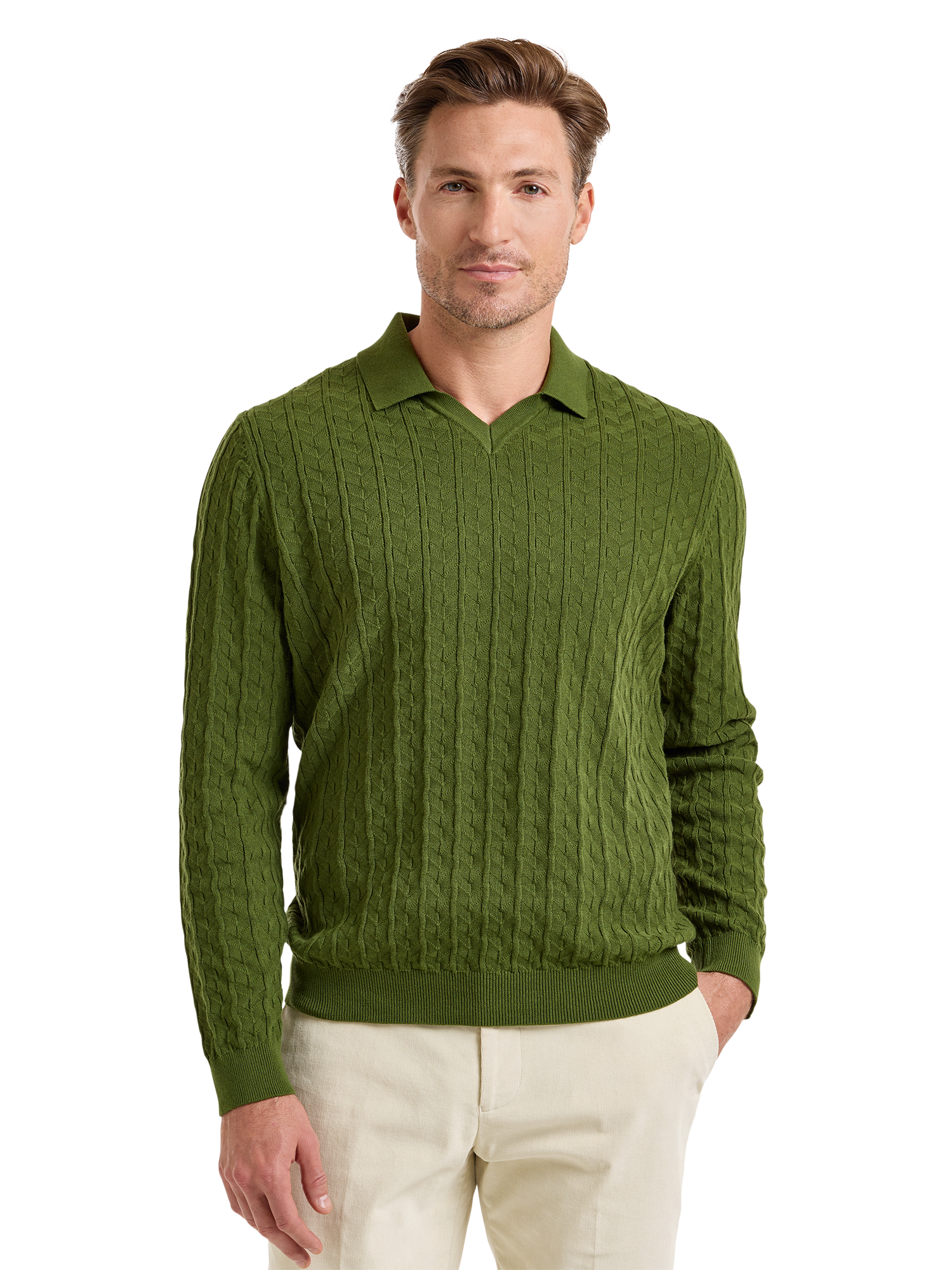 Cotton Johnny Collar Sweater - Olive