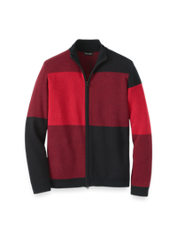 Cotton Full Zip Mock Neck Sweater - Red/black