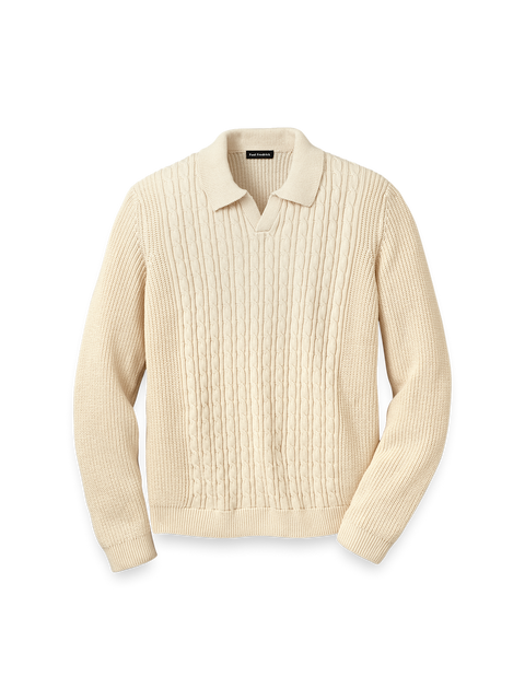 Cotton Cable V-neck Polo - Ivory – Paul Fredrick