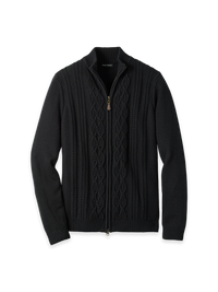 Cotton Cable Full Zip Mock Neck Sweater - Black
