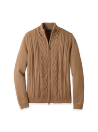 Cotton Cable Full Zip Mock Neck Sweater - Brown
