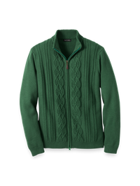 Cotton Cable Full Zip Mock Neck Sweater - Green