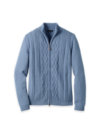 Cotton Cable Full Zip Mock Neck Sweater - Blue