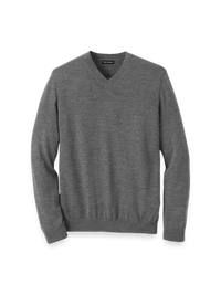 Washable Merino Wool V-neck Sweater - Grey