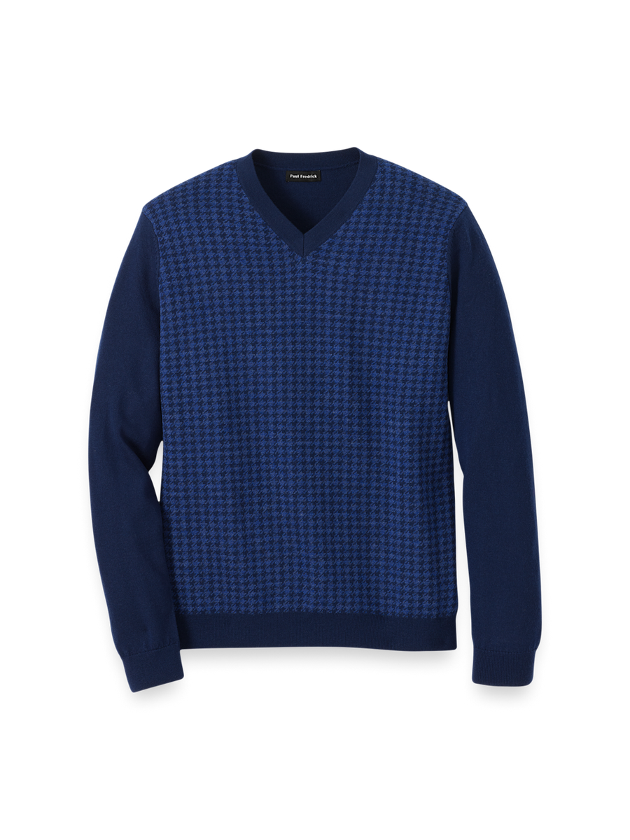 Washable Merino Wool Houndstooth V-neck Sweater - Blue – Paul Fredrick