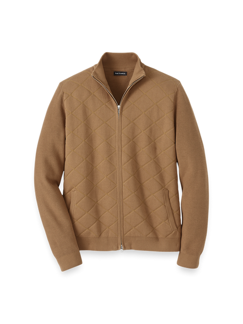 Cotton Full Zip Mock Neck Sweater Jacket - Camel – Paul Fredrick Cotton Full Zip Mock Neck Sweater Jacket - Camel – Paul Fredrick