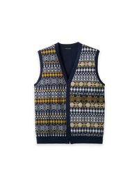 Cotton Fairisle Button Front Vest - Navy Multi