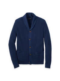 Cotton Button Front Shawl Collar Cardigan - Navy