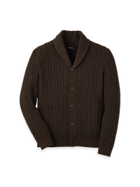 Cotton Cable Button Front Shawl Collar Cardigan - Brown