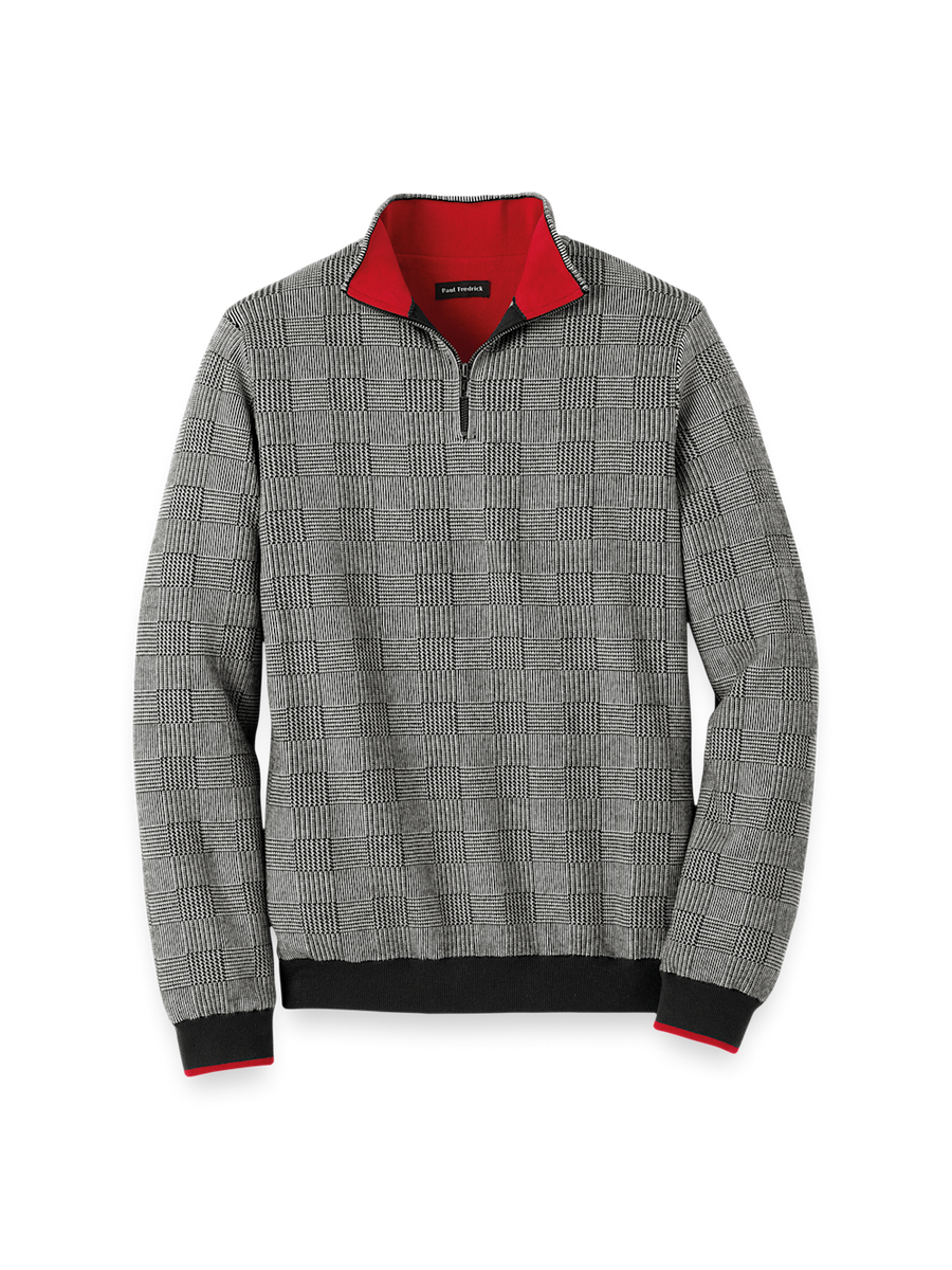 Cotton Quarter Zip Mock Neck Sweater - Black/white Glen Plaid Cotton Quarter Zip Mock Neck Sweater - Black/white Glen Plaid