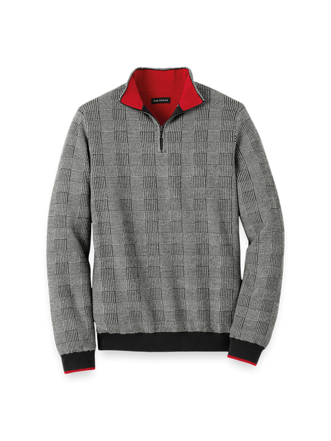 Cotton Quarter Zip Mock Neck Sweater - Black/white Glen Plaid