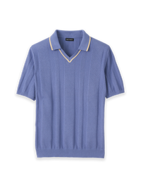 Cotton Crochet V-Neck Polo - Blue