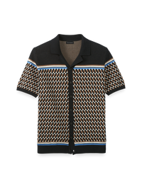 Cotton Button Front Camp Collar Sweater - Black/brown