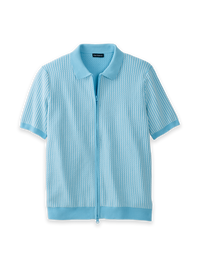 Cotton Full Zip Polo - Light Blue