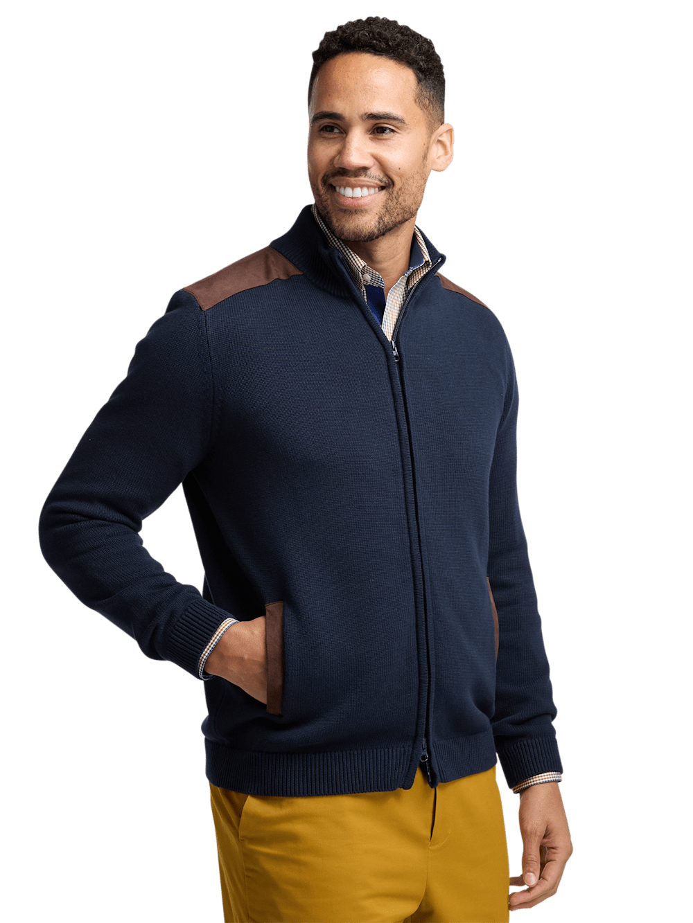 Cotton Full Zip Mock Neck Sweater - Navy – Paul Fredrick Cotton Full Zip Mock Neck Sweater - Navy – Paul Fredrick