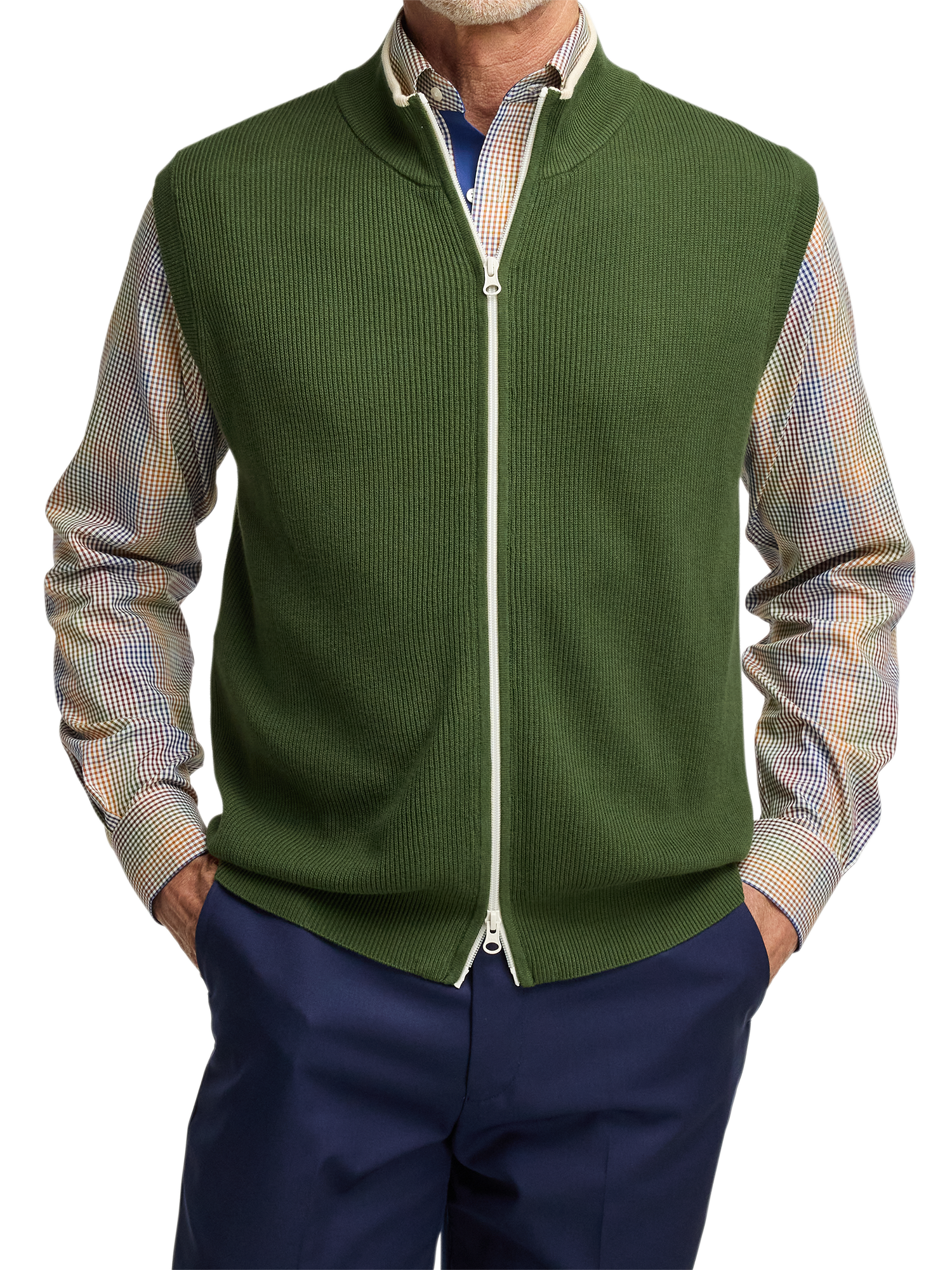 Cotton Full Zip Mock Neck Vest - Green