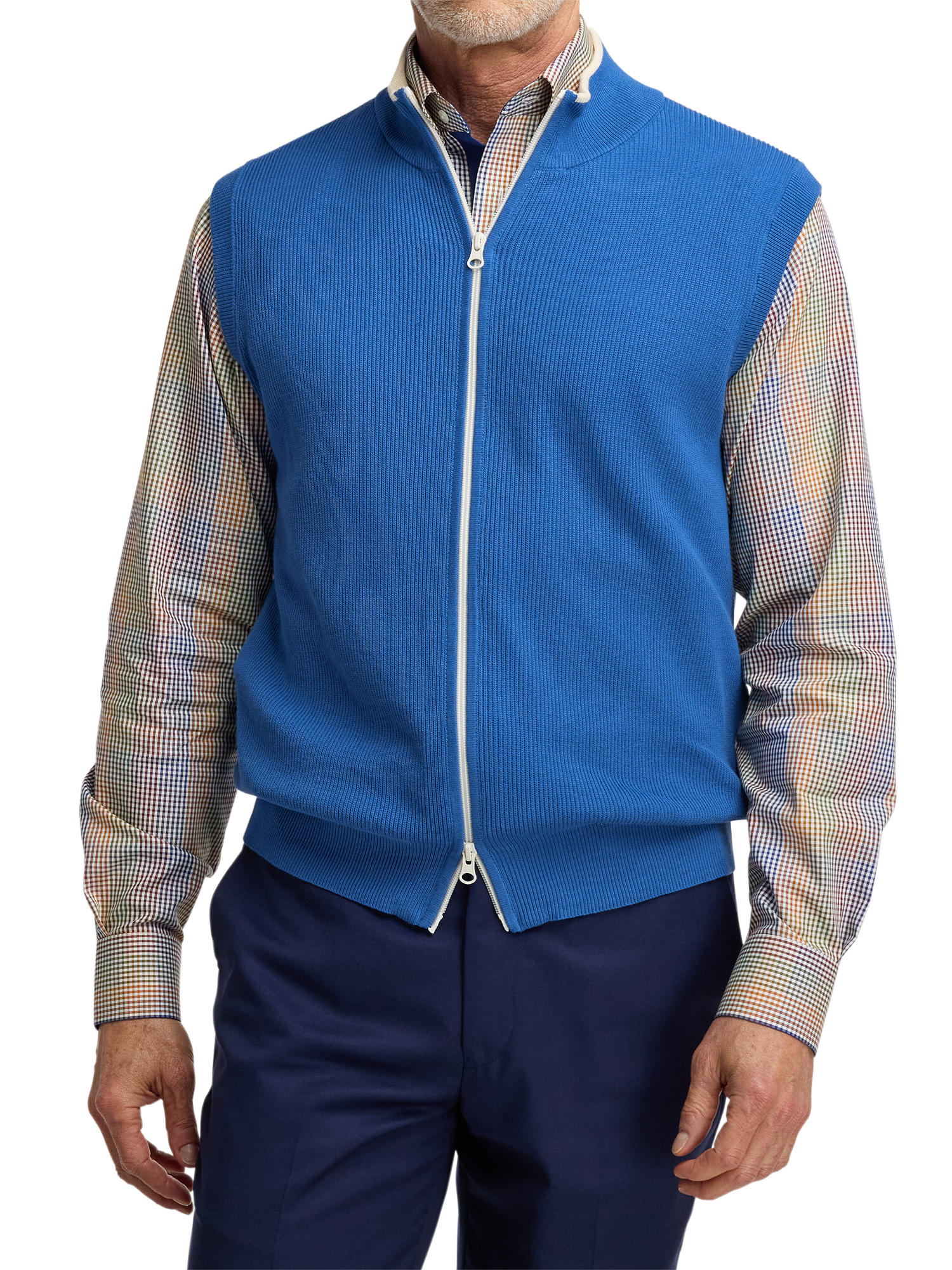 Cotton Full Zip Mock Neck Vest - Blue