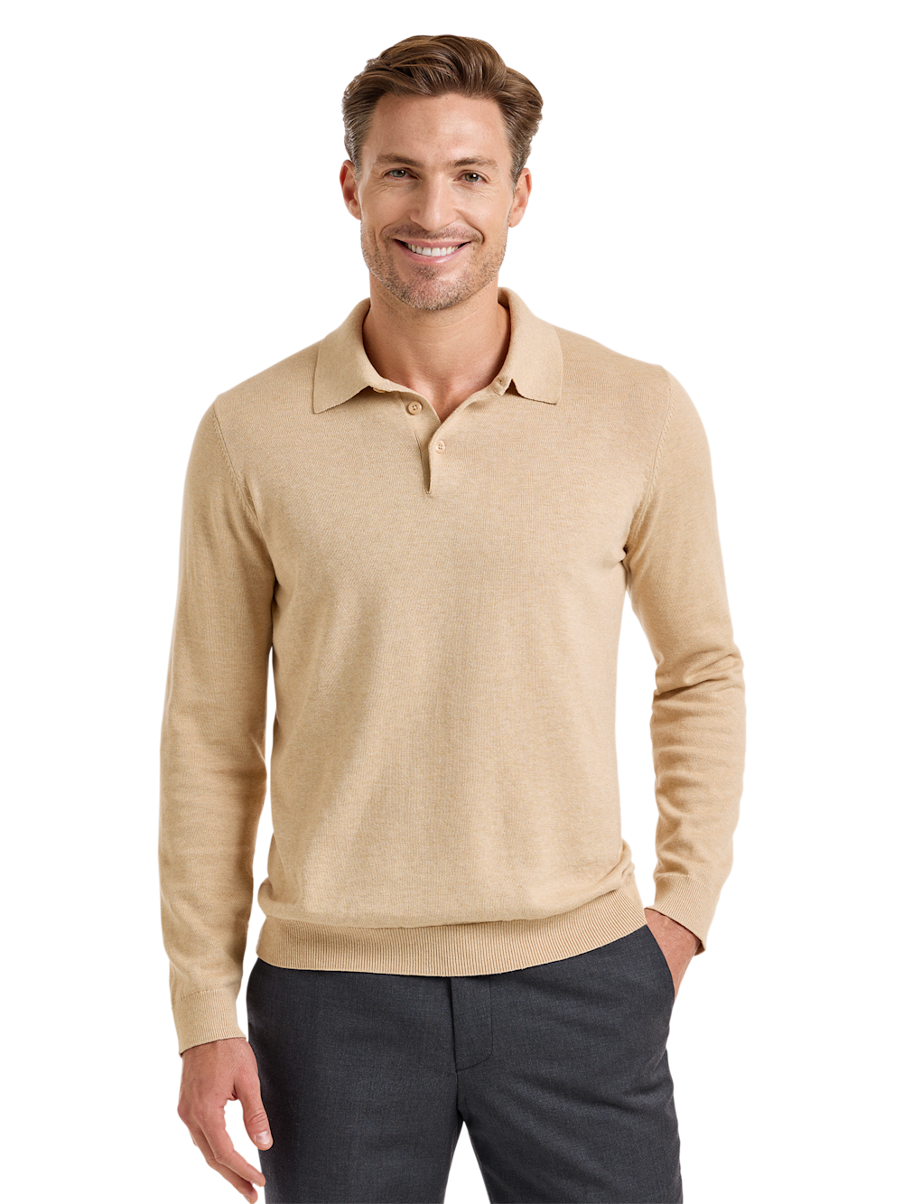 Alternate Shot of Men's Oatmeal Solid Knitwear  - 1#Alternate Image of Supima Cotton Three Button Polo-1