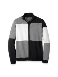 Cotton Full Zip Mock Neck Sweater - Black/white Glen Plaid