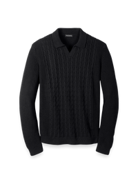 Cotton Cable V-neck Polo - Black