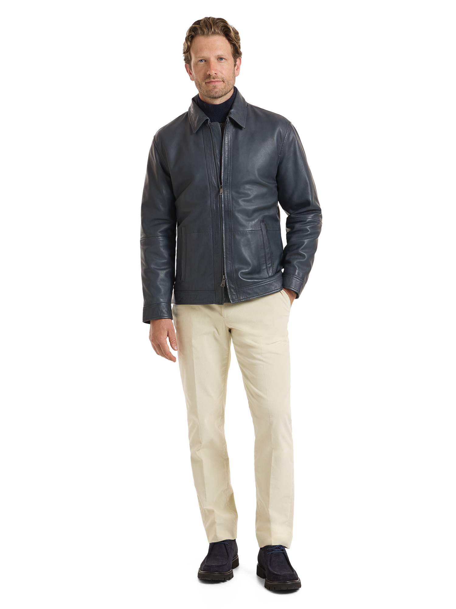 Leather Bomber Jacket - Navy