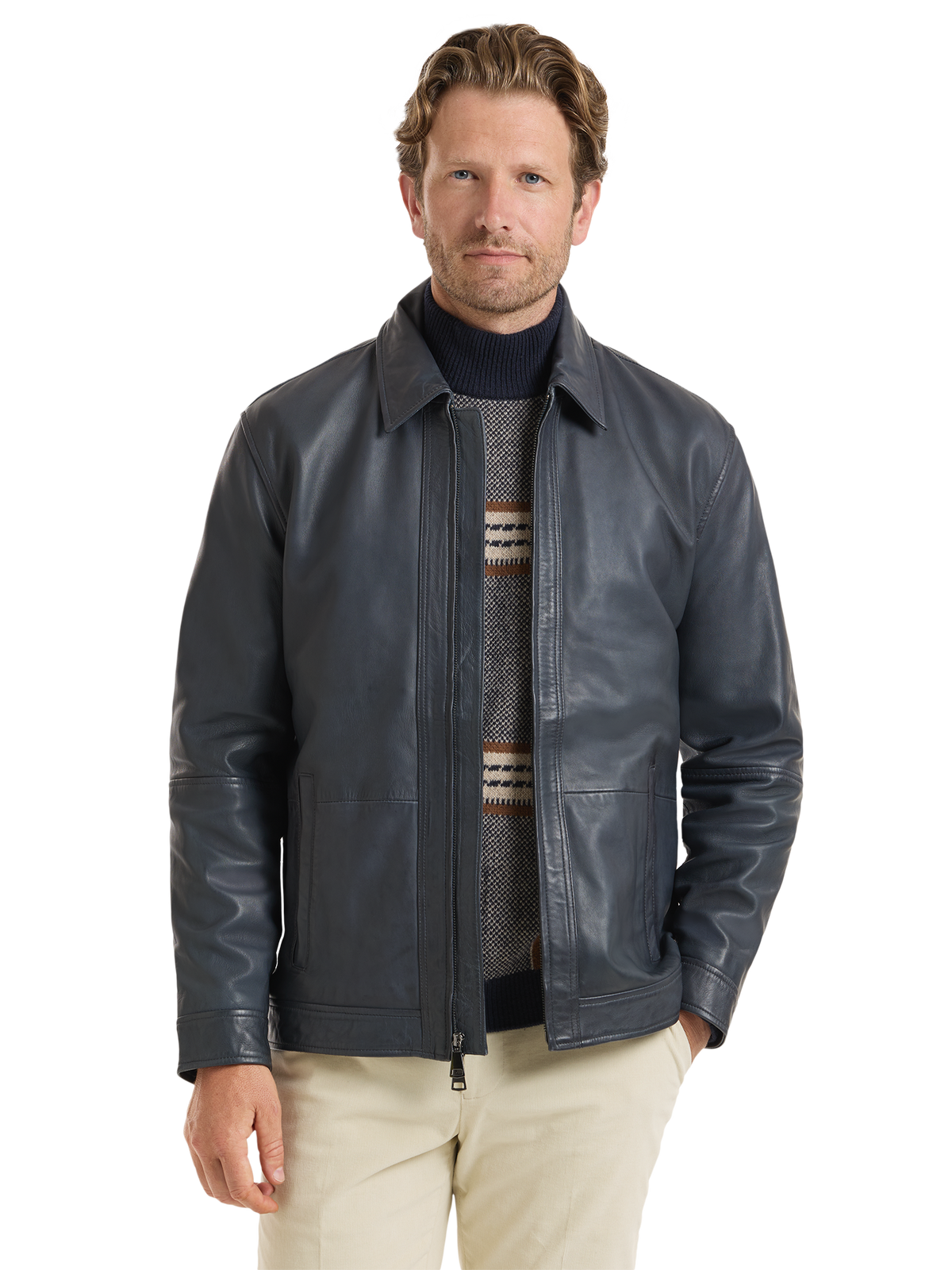Leather Bomber Jacket - Navy