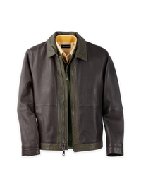 Leather Color Block Jacket - Dark Brown/olive