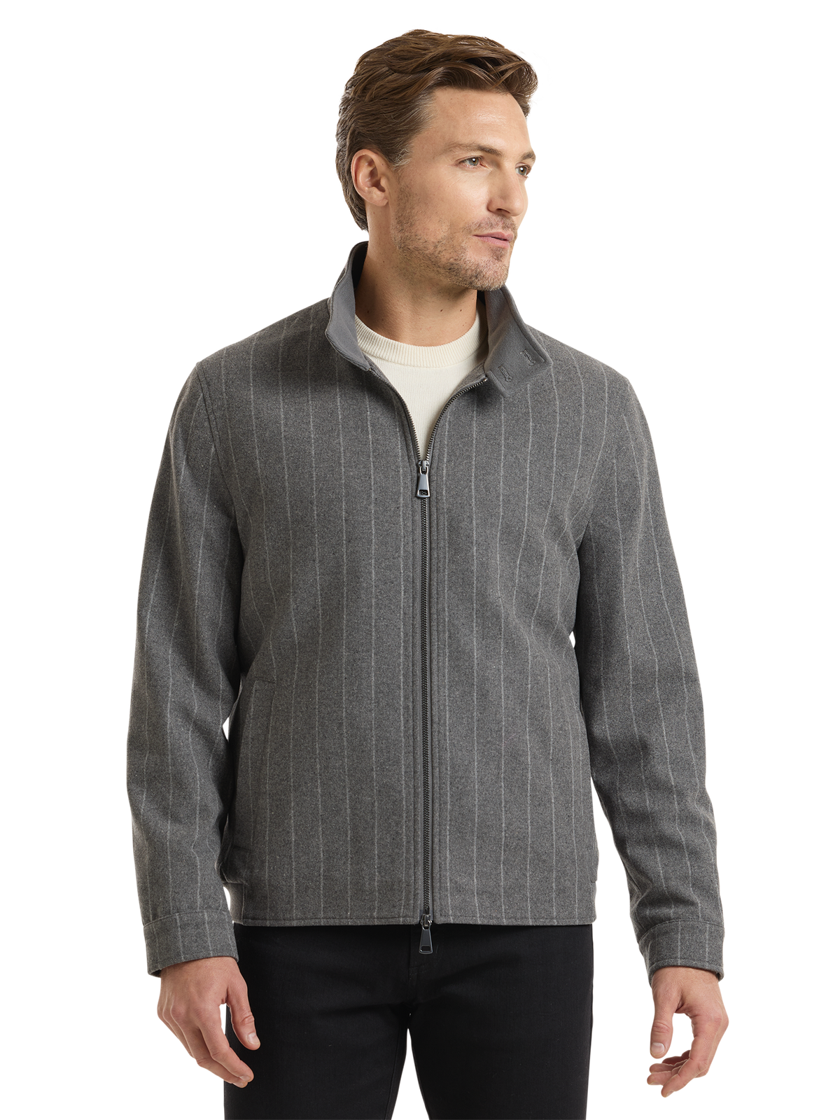 Wool Blend Stripe Bomber Jacket - Grey