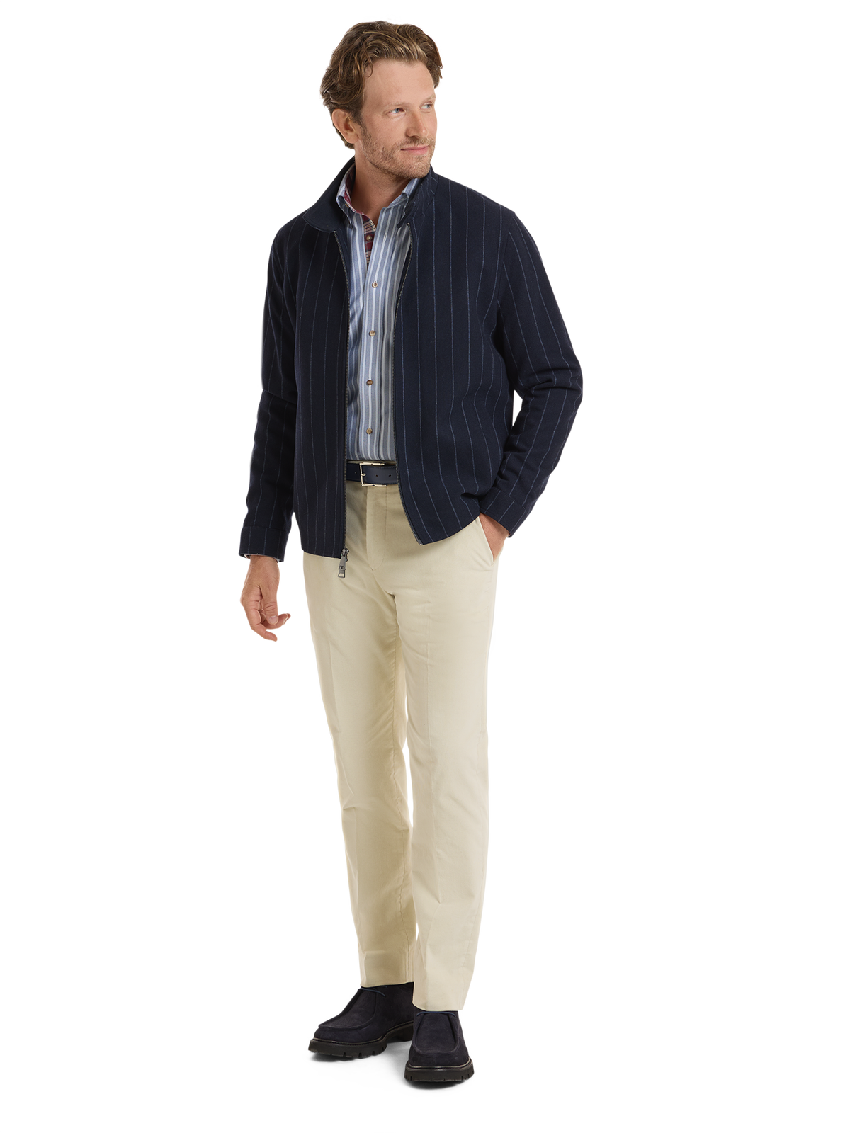 Wool Blend Stripe Bomber Jacket - Navy