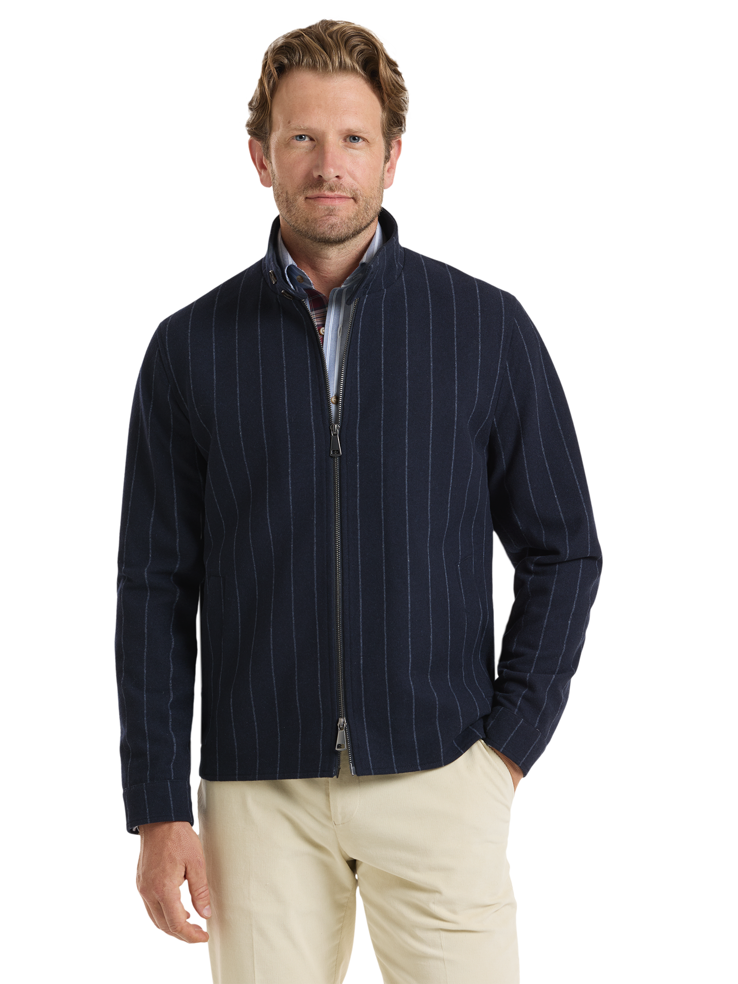 Wool Blend Stripe Bomber Jacket - Navy