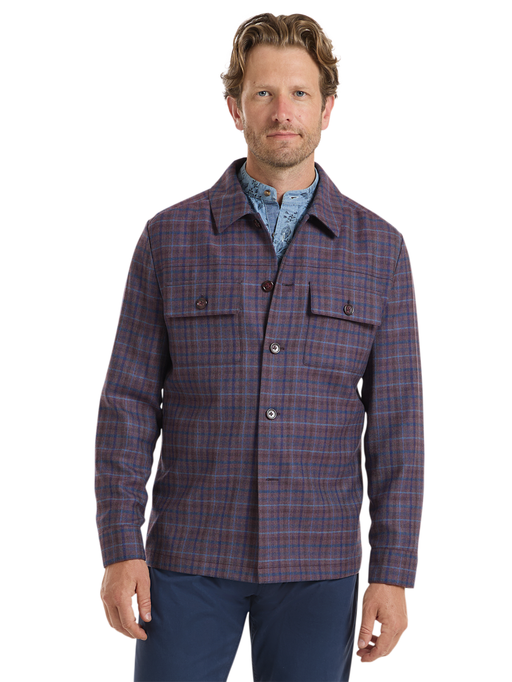 Alternate Shot of Men's Plum/Navy Plaid Outerwear  - 2