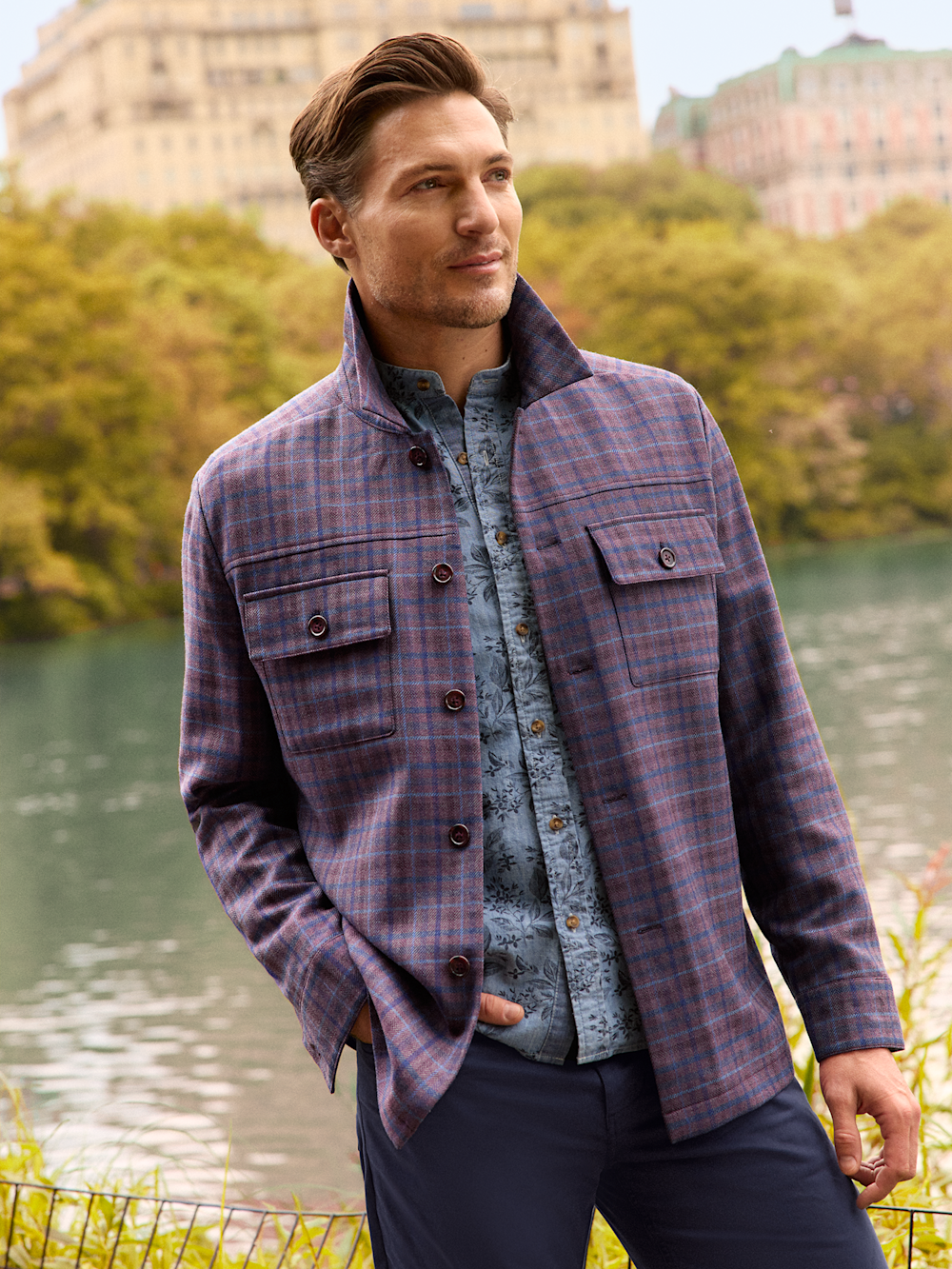Alternate Shot of Men's Plum/Navy Plaid Outerwear  - 7