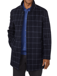 Wool Blend Windowpane Car Coat - Navy/white
